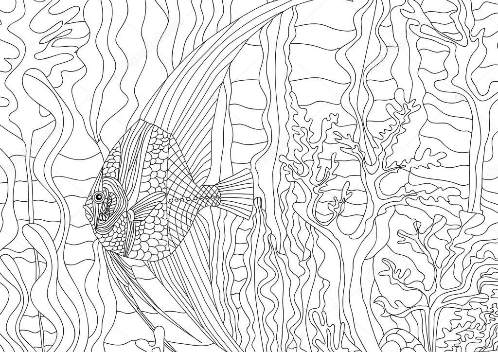 fish in sea underwater, Coloring illustration picture 