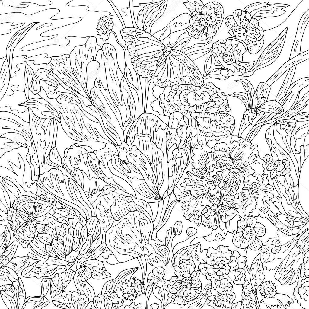 black white drawing, Seamless texture with floral pattern, Coloring illustration with flowers 