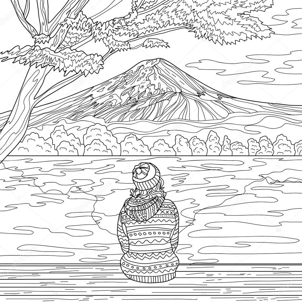 Coloring illustration picture with mountains landscape and sitting girl under tree, wearing hat 