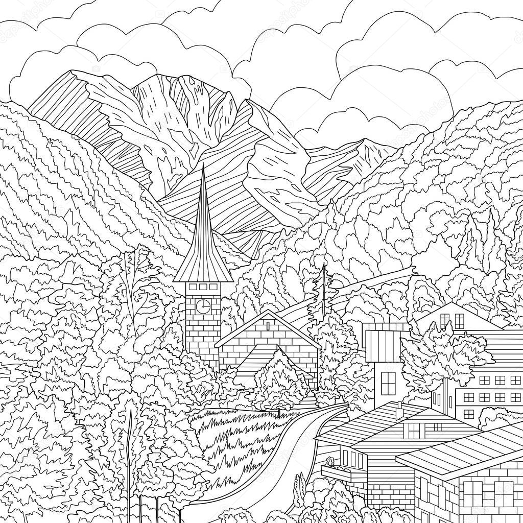 Coloring illustration picture with mountains landscape and village houses