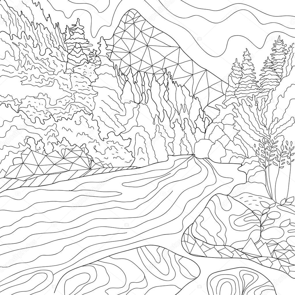 Coloring illustration picture with mountains landscape 