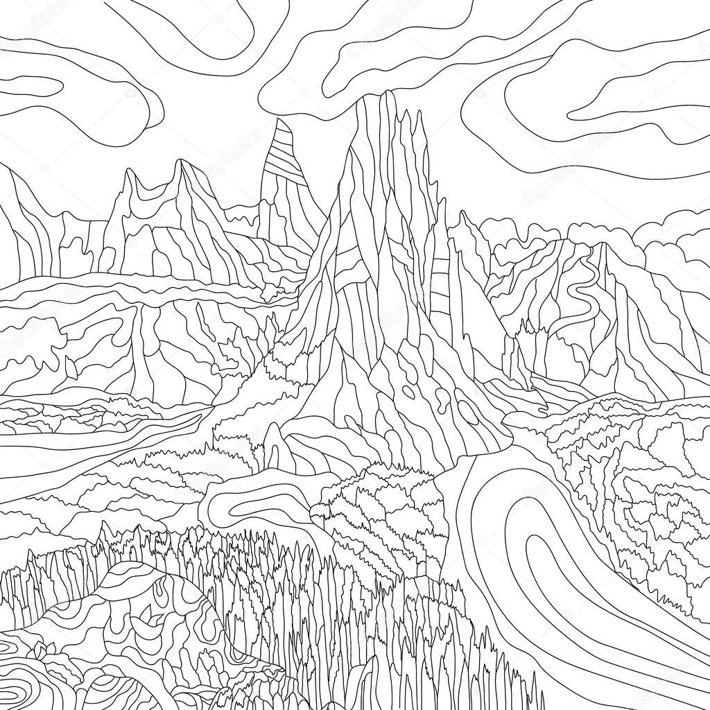 Coloring illustration picture with mountains landscape 