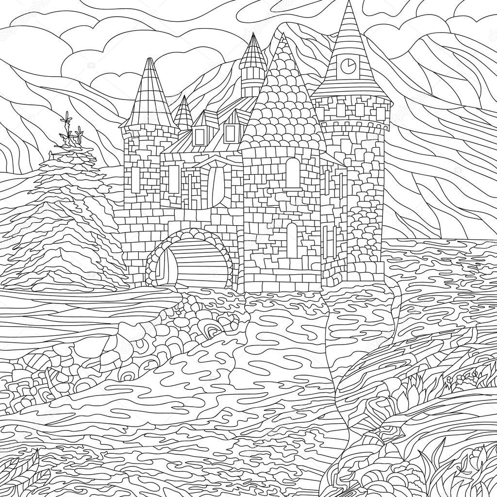 Coloring illustration picture of brick castle with towers