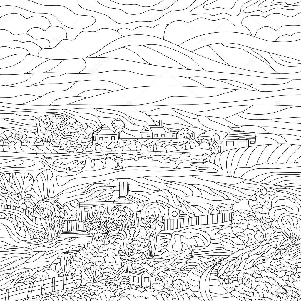 Coloring illustration picture with mountains landscape and village houses