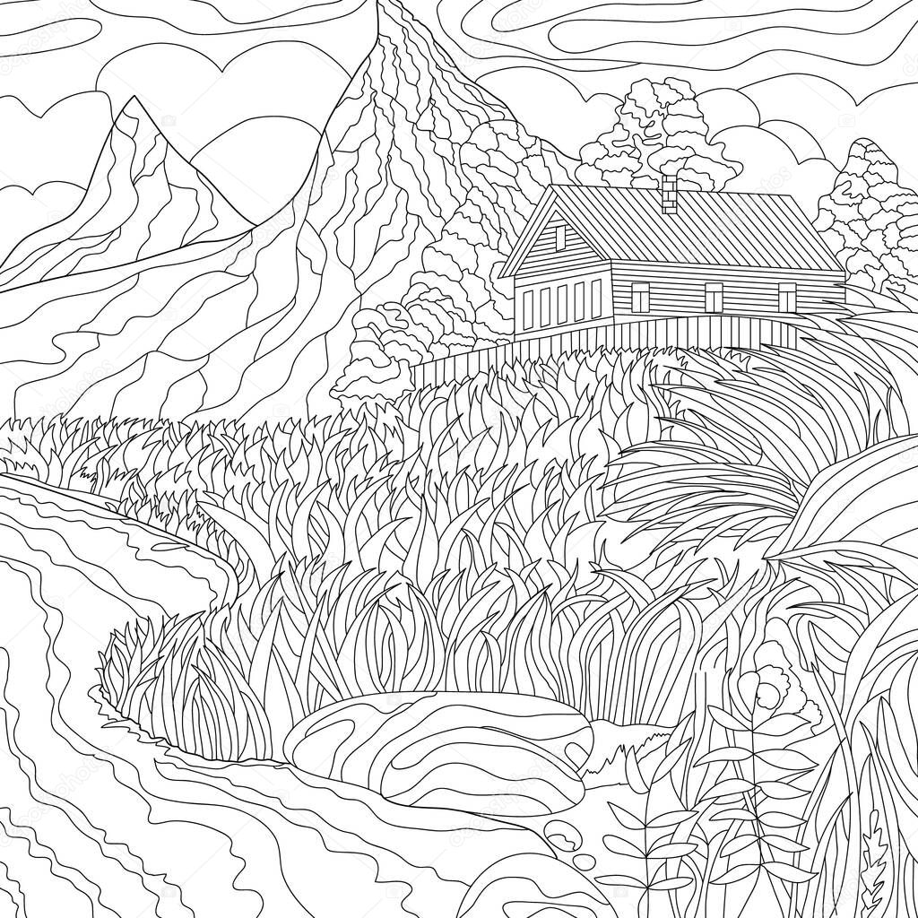 Coloring illustration picture with mountains landscape and village house