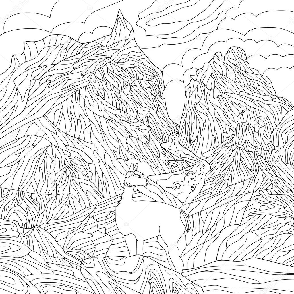 Coloring illustration picture with mountains landscape and llama animal in field 