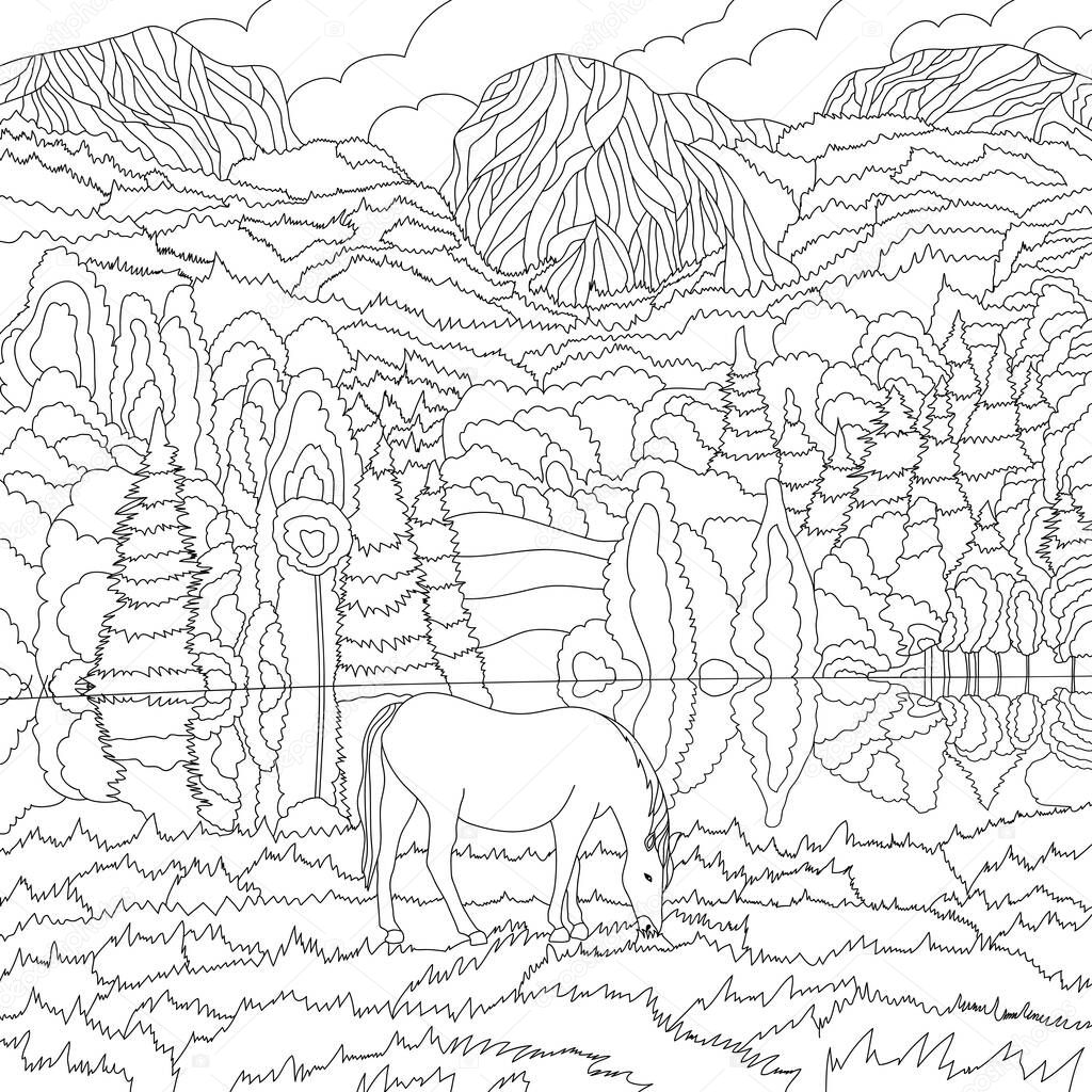 Coloring illustration picture with mountains landscape and horse animal in meadow 