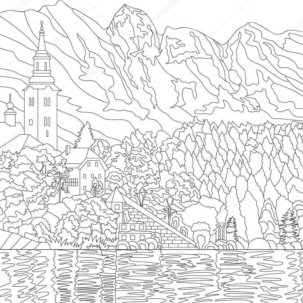 Coloring illustration picture with mountains landscape and village houses