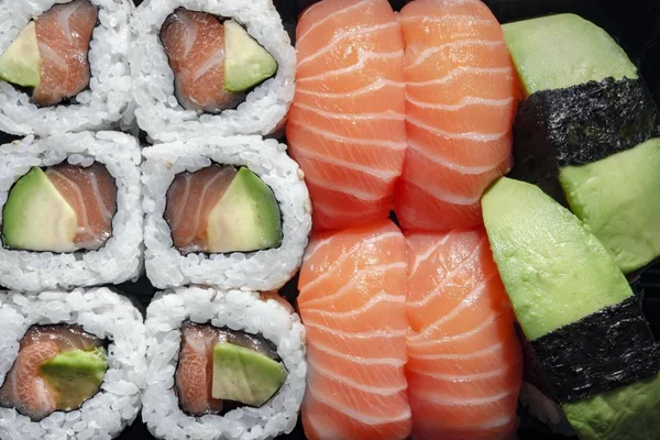 Salmon Sushi Rolles Close Low Angel Shot — Stock Photo, Image