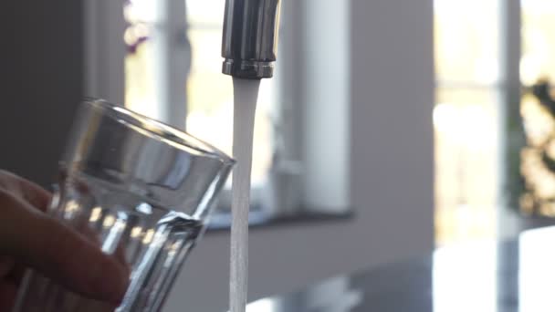 Γεμίζοντας Ποτήρι Νερό Από Βρύση Κουζίνας Από Ανοξείδωτο Χάλυβα — Αρχείο Βίντεο
