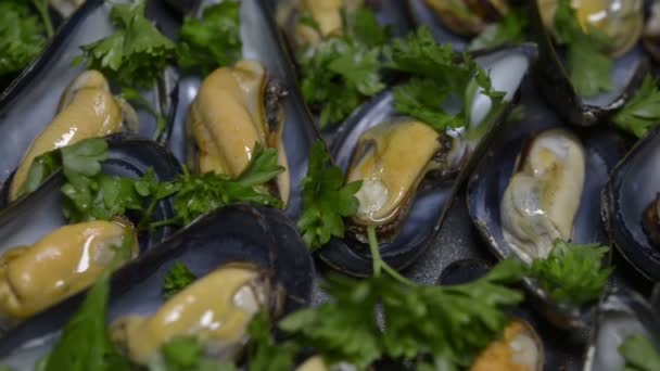 Coquillages Cuits Vapeur Dans Une Casserole Gros Plan Sur Nourriture — Video