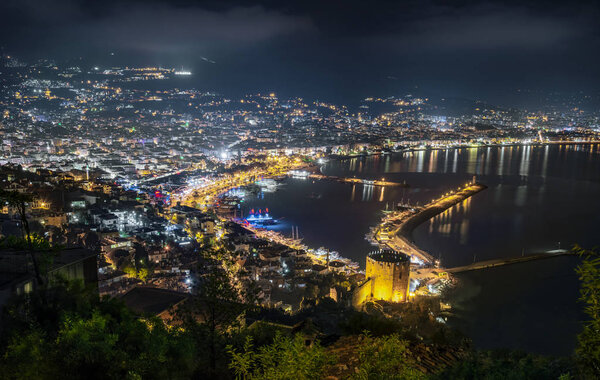 Night city. Alanya, Turkey. Beautiful lights of night city