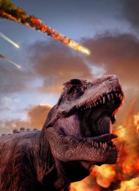 T-rex dinosaur and asteroid impact, 3d rende