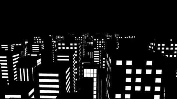 Flythrough 3D animáció a tetején egy város felhőkarcolók, fekete-fehér képregény stílusban teszi