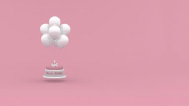 Mutlu Doğum günü pastası balonlar pembe bir arka plan üzerinde asılı bir mum. Doğum günü kavramı animasyon döngü. 