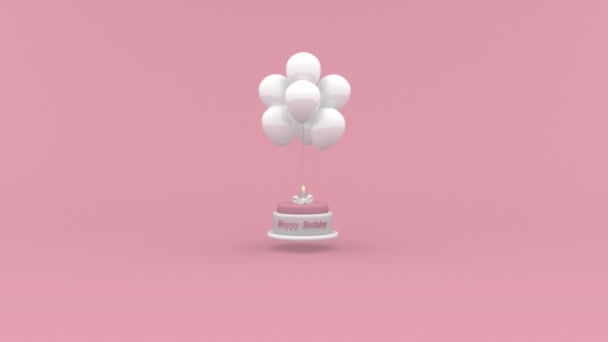 Boldog születésnapi torta egy gyertyát, lóg a léggömbök a rózsaszín háttér. Looping születésnapi concept animáció. 