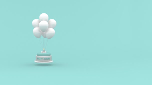 Ευτυχισμένος Γενέθλια Τούρτα Ένα Κερί Που Κρέμονται Αερόστατα Μπλε Φόντο — Αρχείο Βίντεο