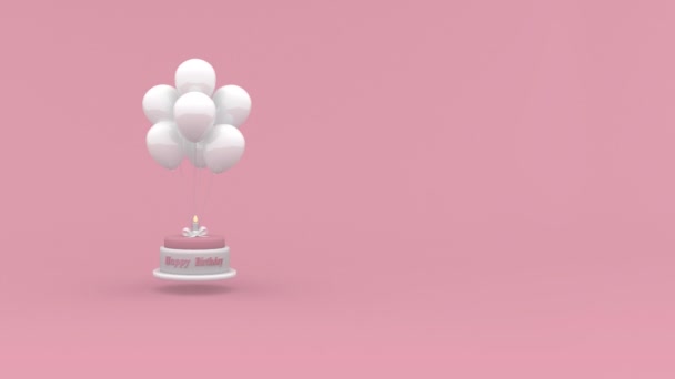 Happy Birthday Cake Met Een Kaars Opknoping Ballonnen Roze Achtergrond — Stockvideo