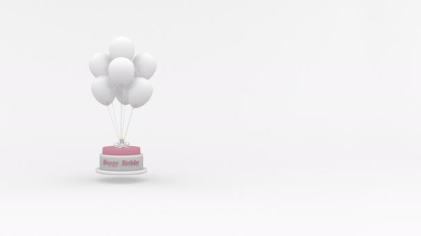 Geburtstagstorte Mit Einer Kerze Die Luftballons Auf Weißem Hintergrund Hängt — Stockvideo