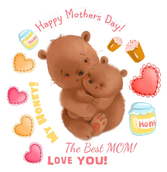 Cute bears Mother Day theme with details like hearts, honey clipart set — Stock Photo, Image