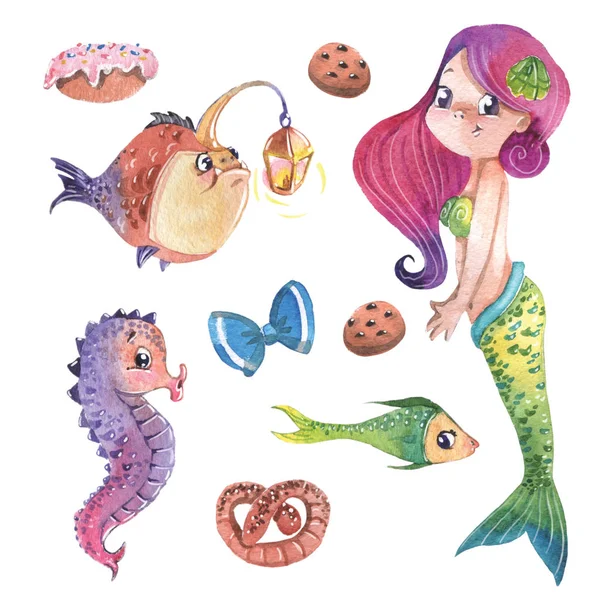 Sevimli küçük deniz kızı balıklar ve tatlılar, suluboya resim küçük resim kümesi ile el boyalı.