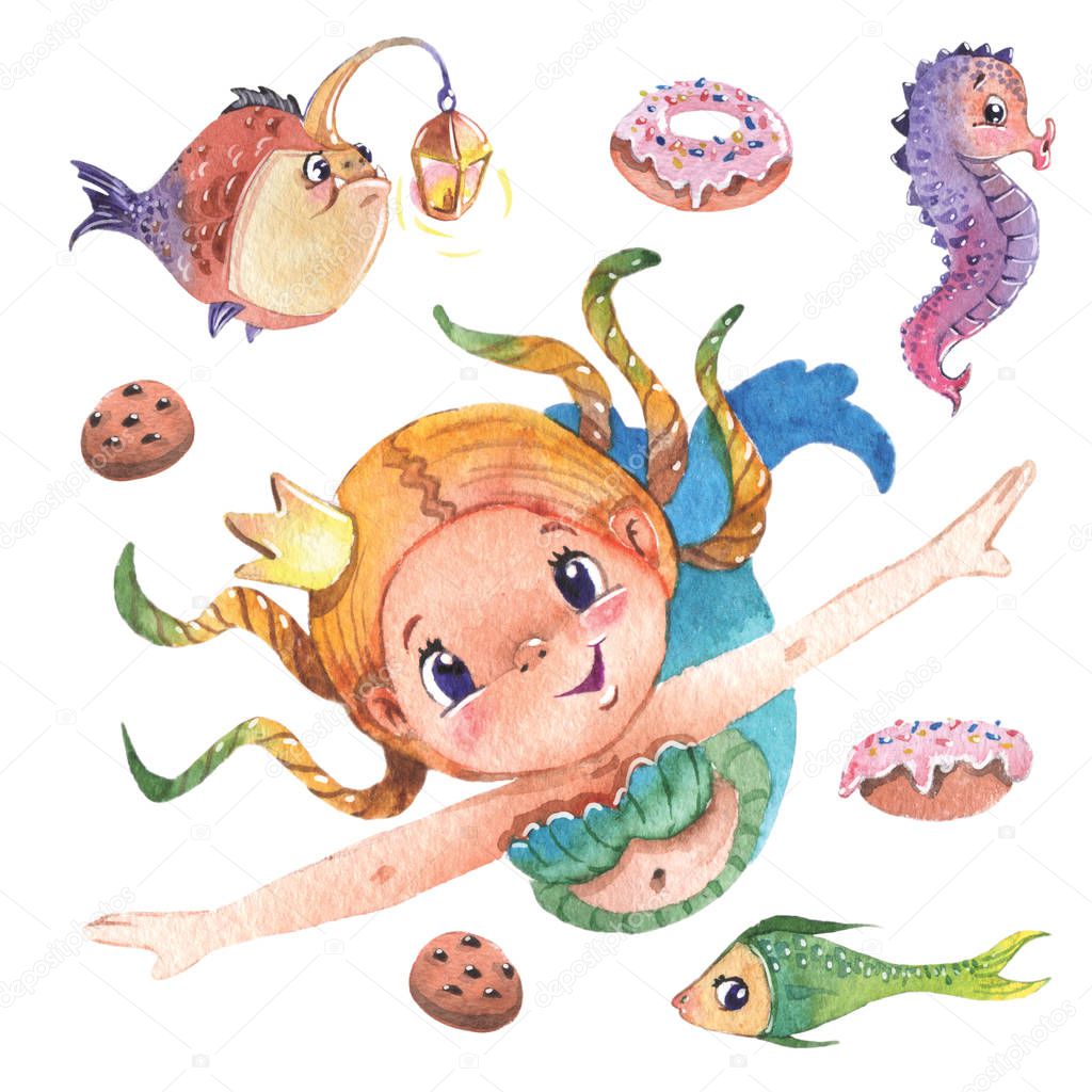 Hand painted cute little mermaid with fishes and sweets, watercolor illustration clipart set.