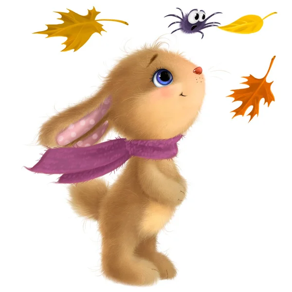 Mutlu tavşan illüstrasyon clipart. Sonbahar ortası festivali. Sonbahar yaprakları ve örümcek ile komik tüylü tavşan.