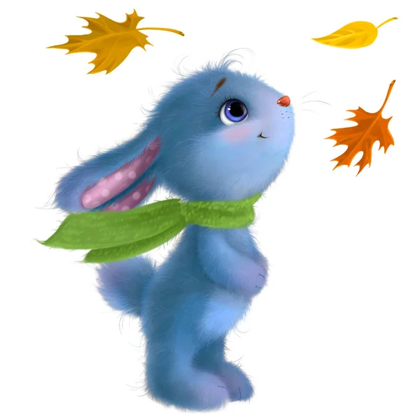 Mutlu tavşan illüstrasyon clipart. Sonbahar ortası festivali. Sonbahar yaprakları ve örümcek ile komik tüylü tavşan.