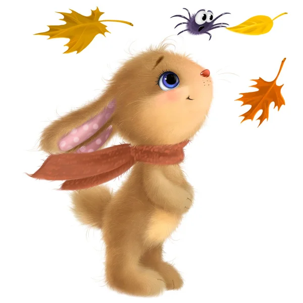 Lycklig kanin illustration clipart. Midhöstfestivalen. Roliga lurviga bunny med höstlöv och spindel. — Stockfoto