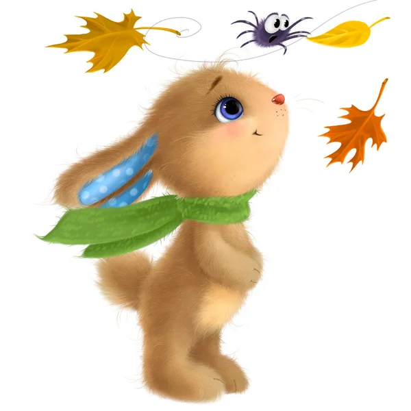 Lycklig kanin illustration clipart. Midhöstfestivalen. Roliga lurviga bunny med höstlöv och spindel. — Stockfoto