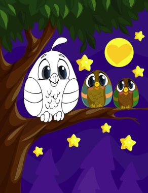 Coloring book page for preschool children with colorful background and sketch owl for coloring clipart