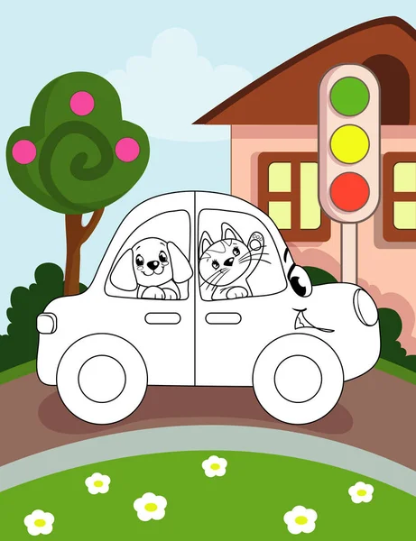 Renkli arka plan ve taslak araba boyama ile okul öncesi çocuklar için kitap sayfa boyama