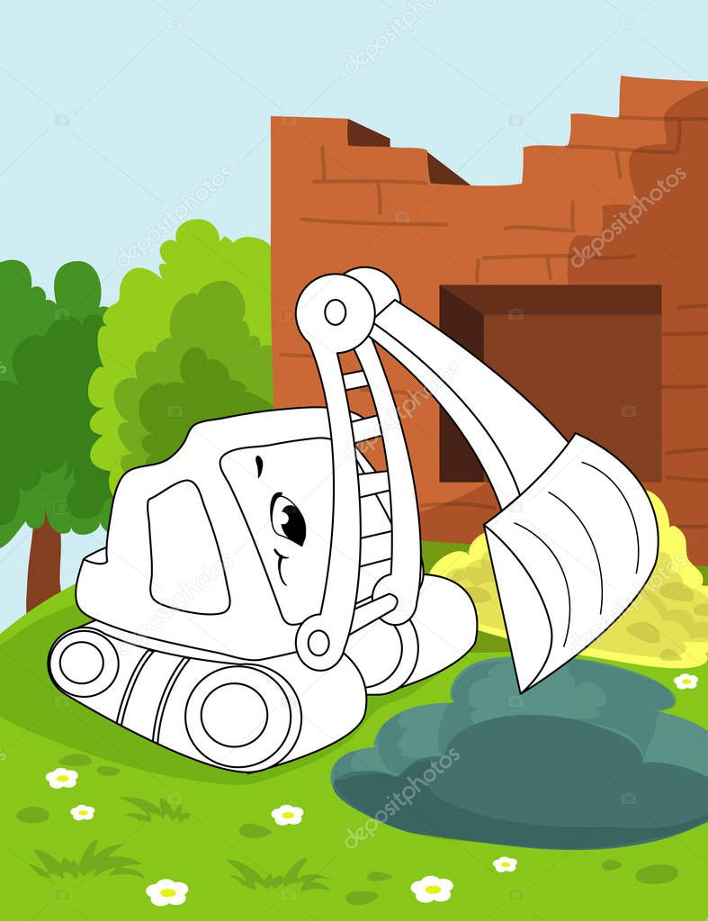 Coloring book page for preschool children with colorful background and sketch working bulldoser car for coloring