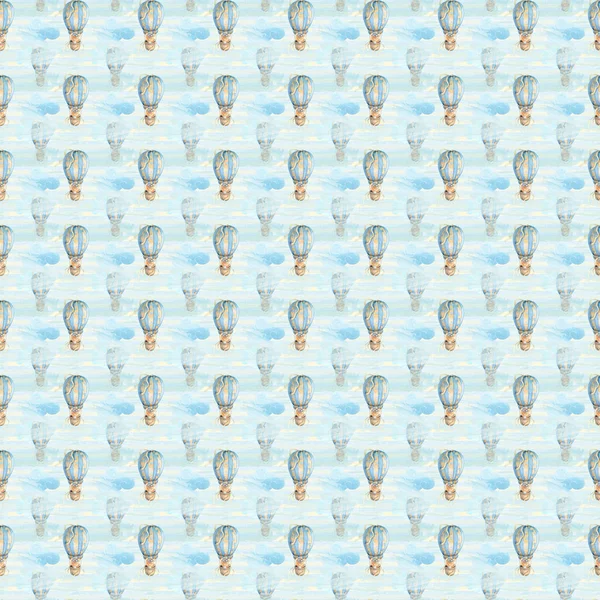 Uçan bir sıcak hava balonu ve bulutlar suluboya sevimli ayı ile Seamless modeli. Çocuk ve bebek el sanatları için dijital kağıt