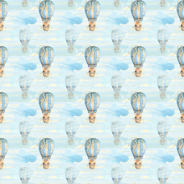 Uçan bir sıcak hava balonu ve bulutlar suluboya sevimli ayı ile Seamless modeli. Çocuk ve bebek el sanatları için dijital kağıt