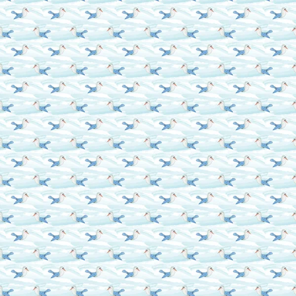 Nahtloses Muster mit Aquarell niedlichen Vogel Möwe fliegen in einem Heißluftballon und Wolken. Digitales Papier für Kinder und Babys — Stockfoto