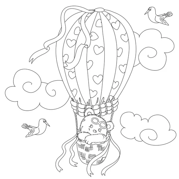 Sevimli bir oyuncak ayı uçan bir sıcak hava balonu ve komik bir martı ile çocuklar için boyama sayfası.
