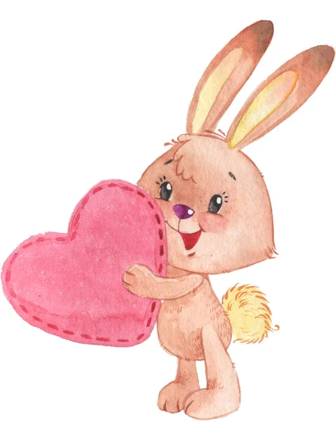 Акварельний кролик заєць з великим серцем ізольовані ілюстрації на білому тлі — стокове фото
