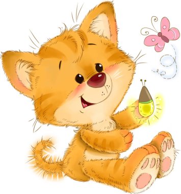 Glowworm, kelebek, firefly böcek, tebrik kartı illüstrasyon ile sevimli kırmızı çizgili kedi yavrusu