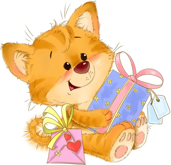 Sevimli kedi yavrusu iki hediye tebrik kartı illüstrasyon ile oturan