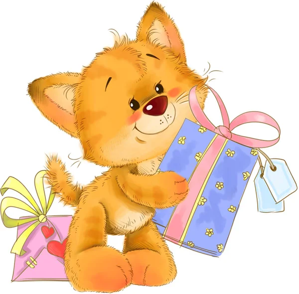 Iki hediye tebrik kartı illüstrasyon ile sevimli kedi yavrusu