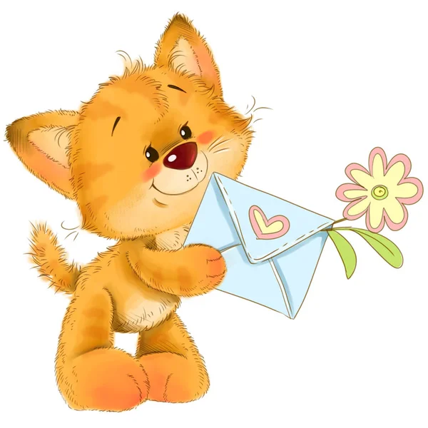 러브 레터와 꽃 인사말 카드 일러스트가 있는 귀여운 새끼 고양이 — 스톡 사진