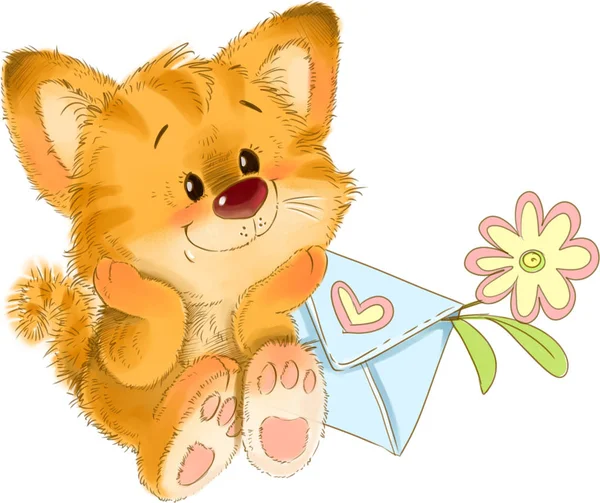 Le chaton mignon avec lettre d'amour et illustration de carte de voeux de fleur — Photo