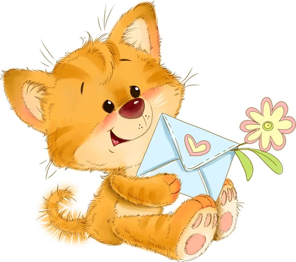 Aşk mektubu ve çiçek tebrik kartı illüstrasyon ile sevimli kedi yavrusu