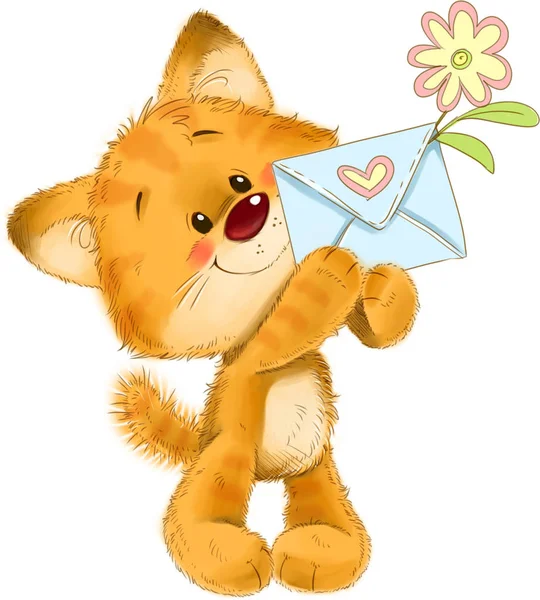 Симпатичный котенок с любовным письмом и иллюстрацией цветочных открыток — стоковое фото