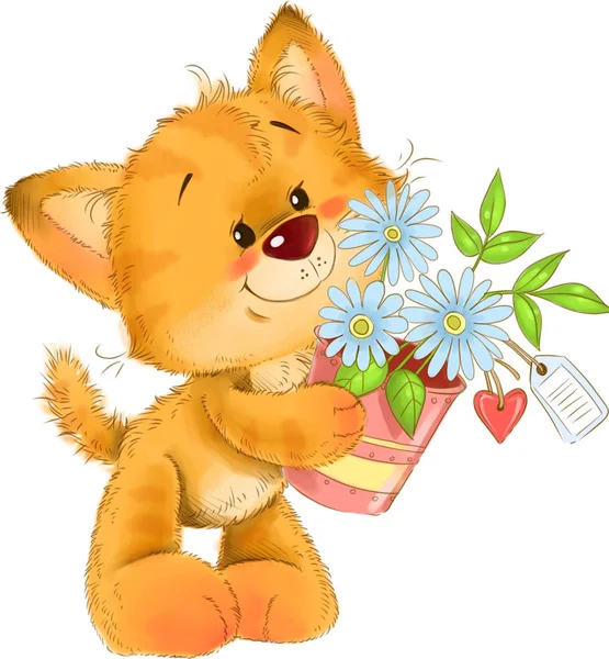 Az aranyos piros csíkos cica virágcserép, virágok, szív tag, üdvözlőlap illusztráció — Stock Fotó