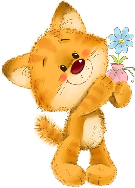 Le mignon chaton rayé rouge avec pot de fleurs, fleur, illustration de carte de vœux — Photo