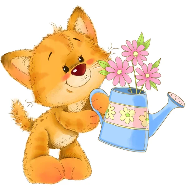 可爱的红色条纹小猫与浇水罐，花，贺卡插图 — 图库照片