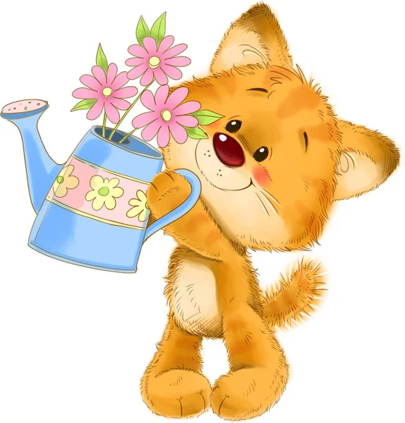 El lindo gatito de rayas rojas con regadera, flor, ilustración de tarjeta de felicitación —  Fotos de Stock