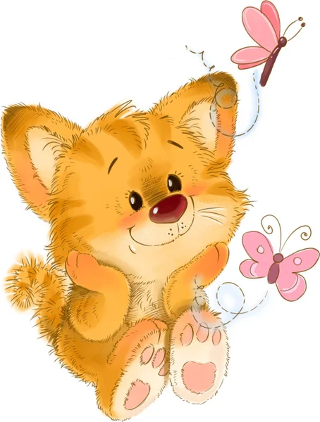 Kelebek hataları ile sevimli kırmızı çizgili kedi yavrusu, tebrik kartı illüstrasyon